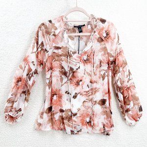 A Love Story Sheer Floral Blouse Women’s Size L Floral Peasant Sleeve Tie Neck